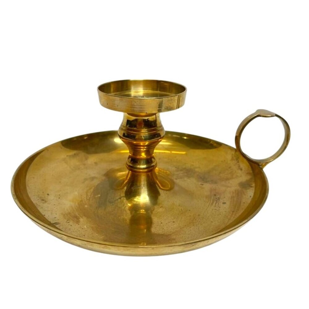 Vintage Brass Chamberstick Candle Holder Round Drip Tray Base Loop Handle Antiqu
